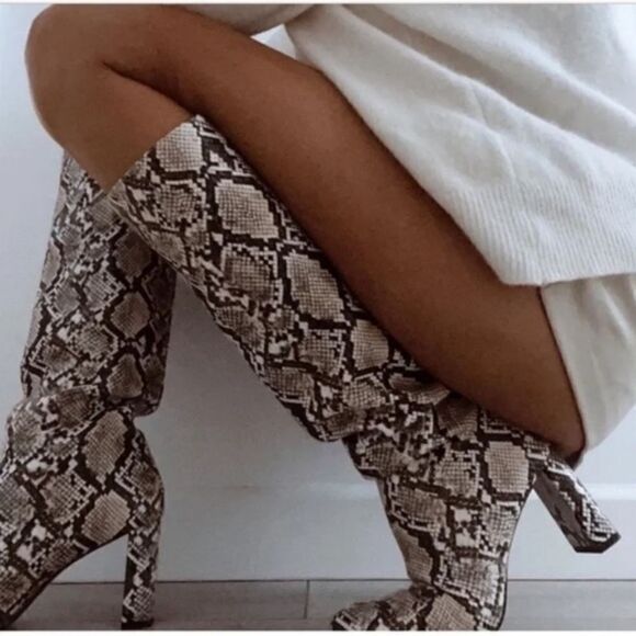 NWT ZARA BOOTS SNAKE PRINT INNER PLATFORM LEATHERโHEELED KNEE HIGH BOOTS - Picture 7 of 14